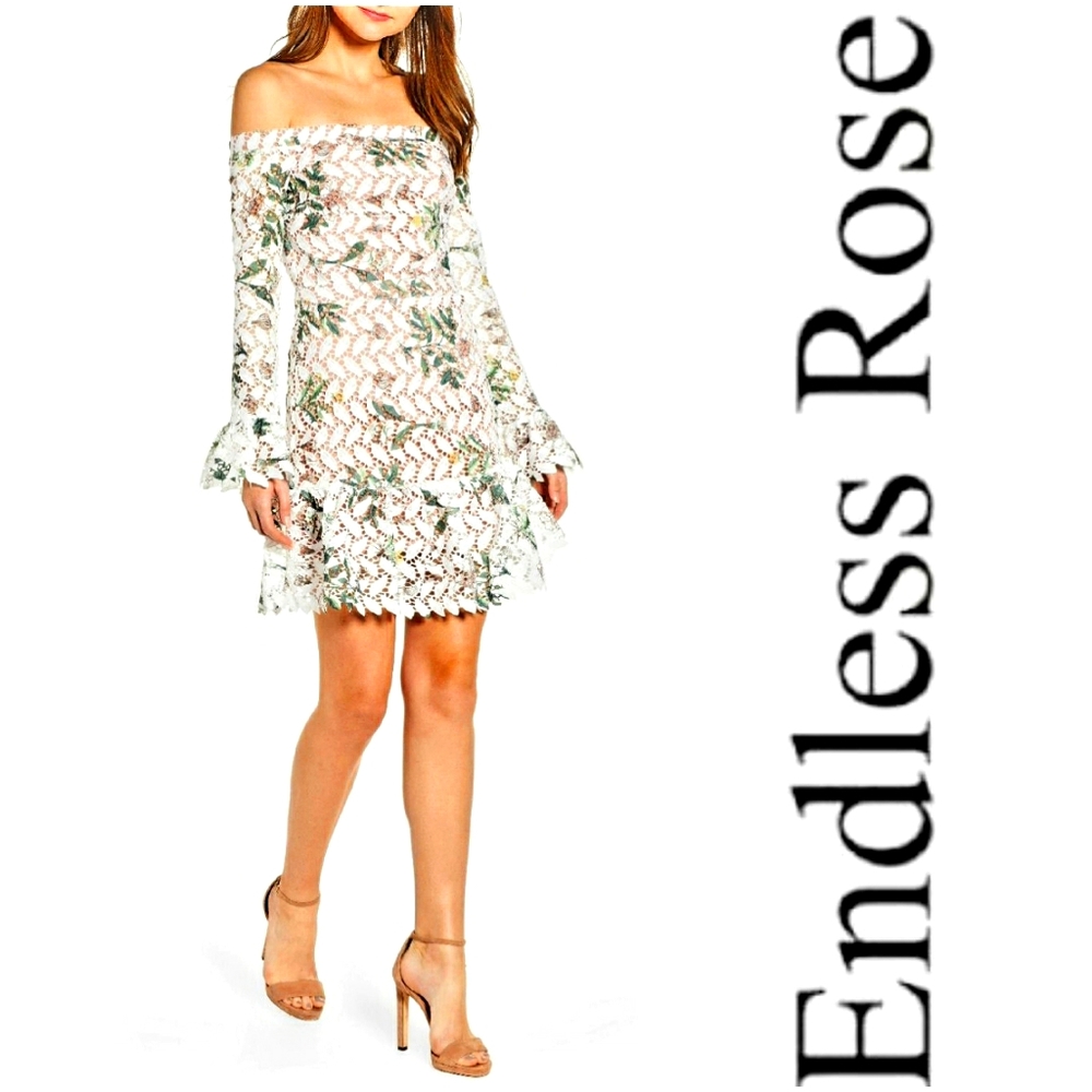 NWT ENDLESS ROSE Floral Lace Off-Shoulder Dress-XS